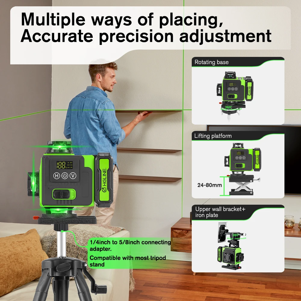 HGLINE 16 Lines Laser Level APP Remote Control Horizontal Vertical Levels Machine Power Display Laser Leveling With 100cm Tripod