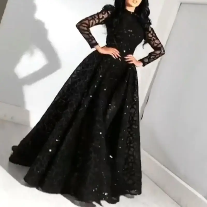 Vestido de noche de encaje para damas, vestido de baile de lentejuelas negras, elegante vestido de noche de manga larga, vestido de dama de honor de boda para invitados, nuevo diseño, 2024