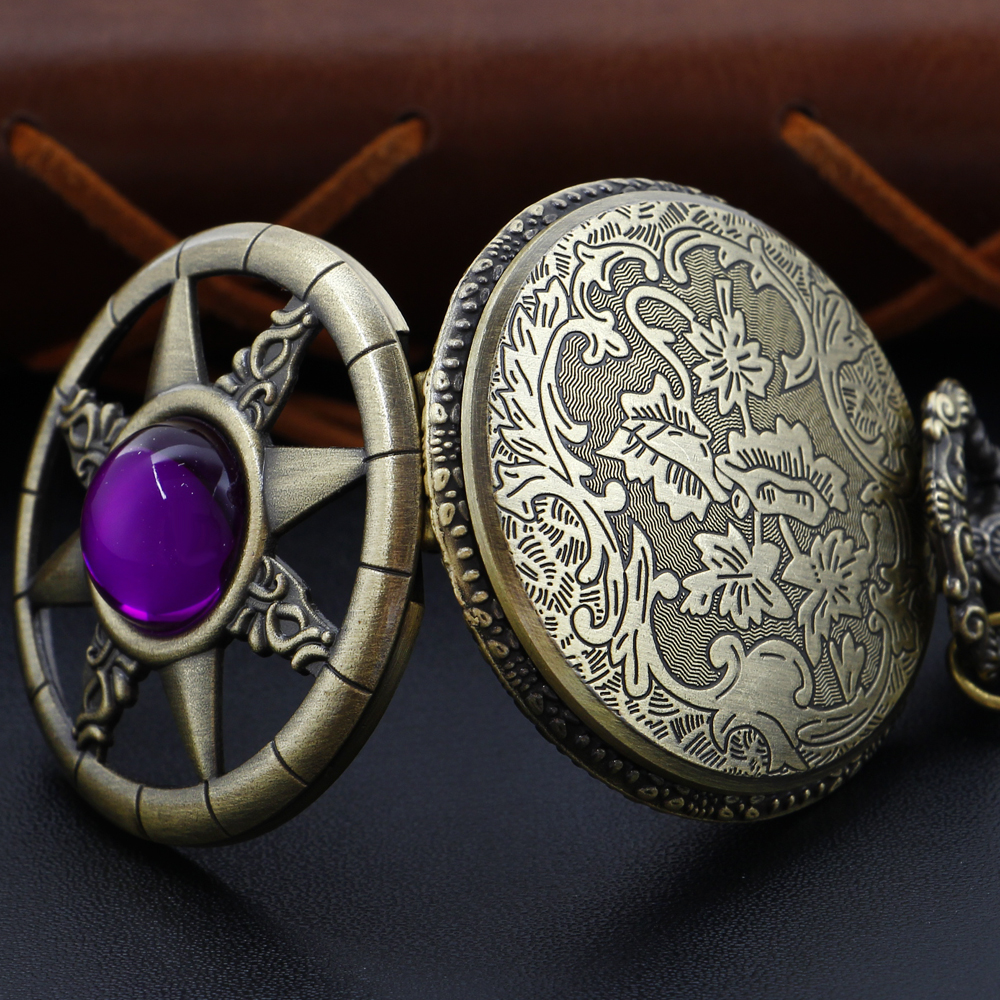 Relógio de bolso de quartzo masculino, antigo, roxo, gema mágica, octogonal, estrela, fob, corrente, colar, pulseira, pingente, relógio, melhor presente
