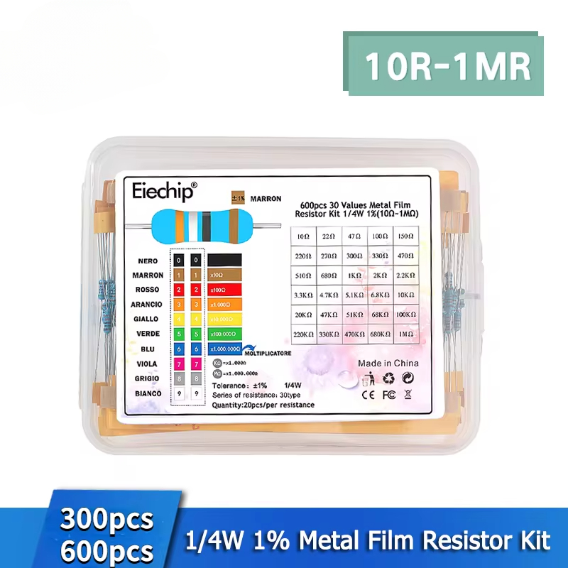 300/600PCS 1/4W Resistencia 1% Kit de resistencias de película metálica con caja 1K 10K 100K 220ohm 1M Resistencias 30 tipos