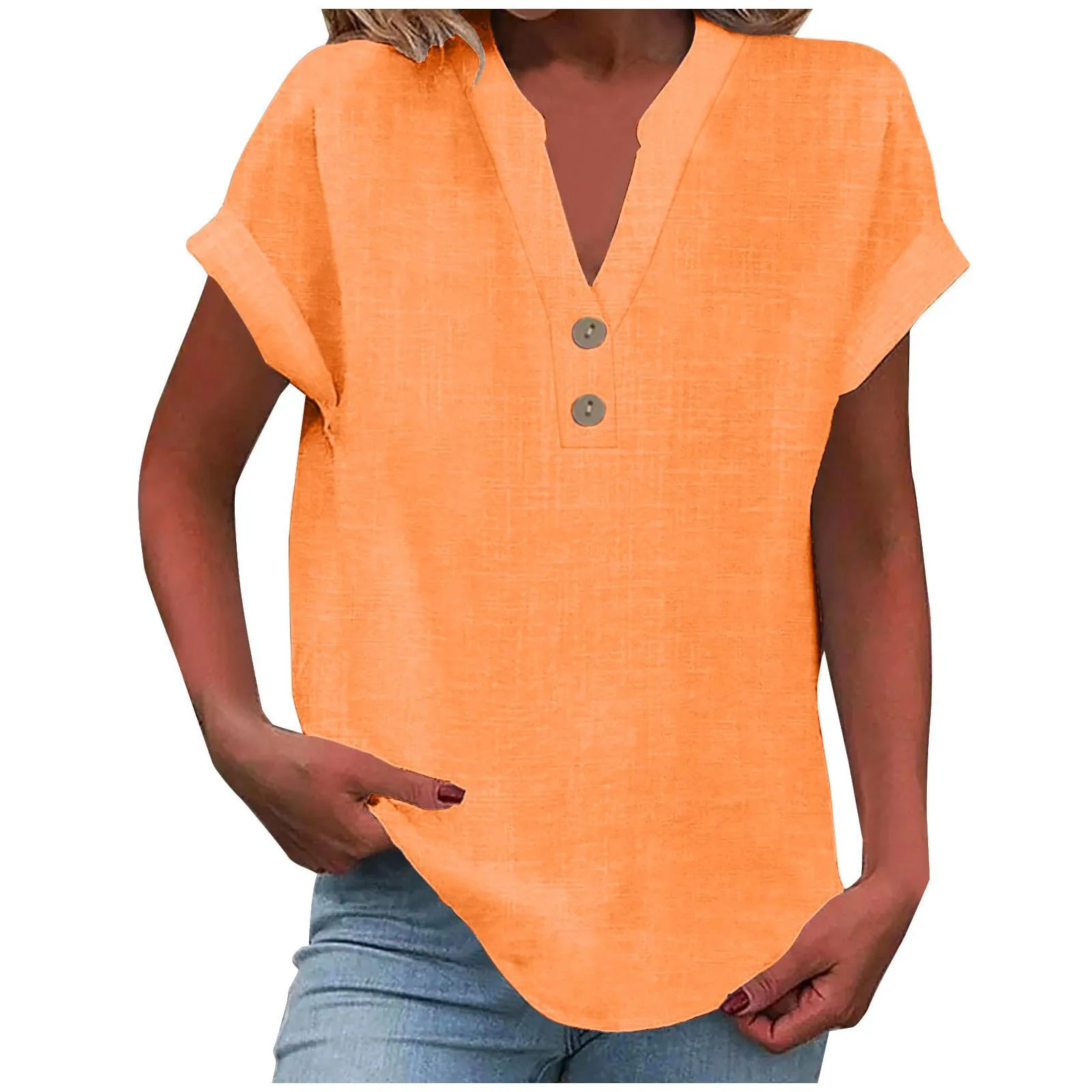2025 verão algodão linho respirável cor sólida botão para baixo camisa com decote em v básico e versátil casual confortável senhora escritório topos