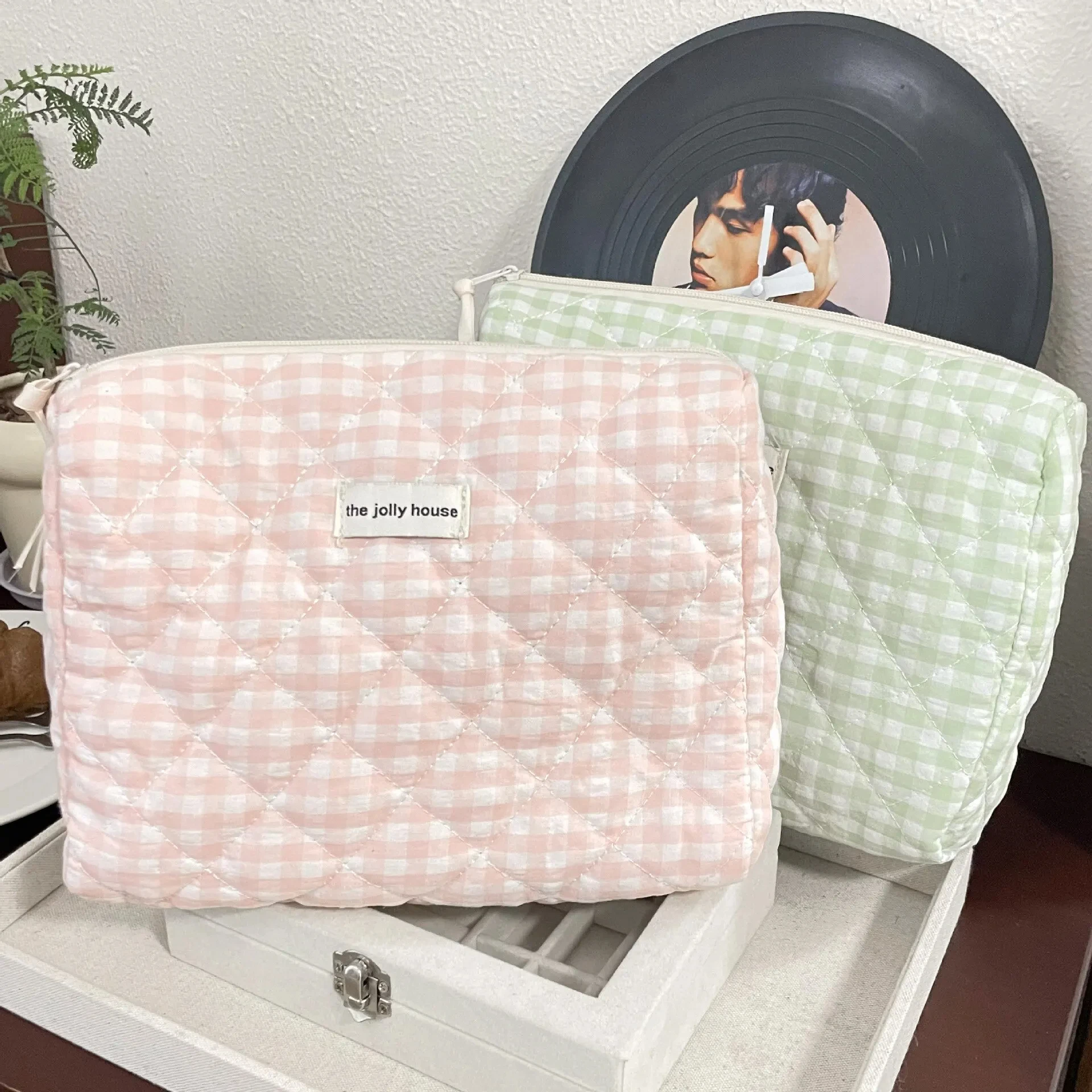 Bolsa de cosméticos informal para mujer, bolsas de almacenamiento de viaje de gran capacidad, bolso de mano sencillo a cuadros para mujer, bolso de lona rosa para mujer