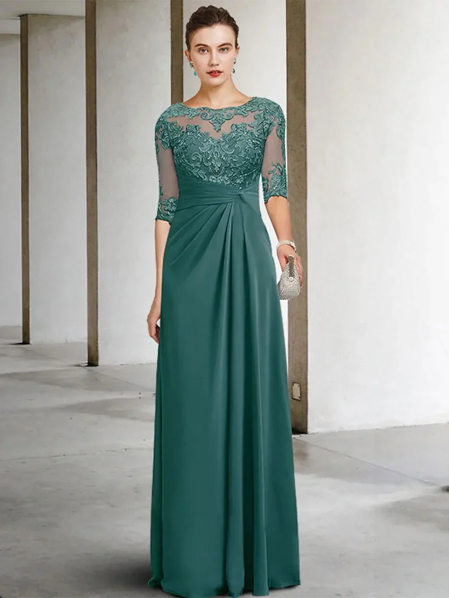 Party Dress For Mother Of The Bride Jewel Neck Short sleeve  A-Line Lace Guest GreenChiffon evening Dresses For Wedding