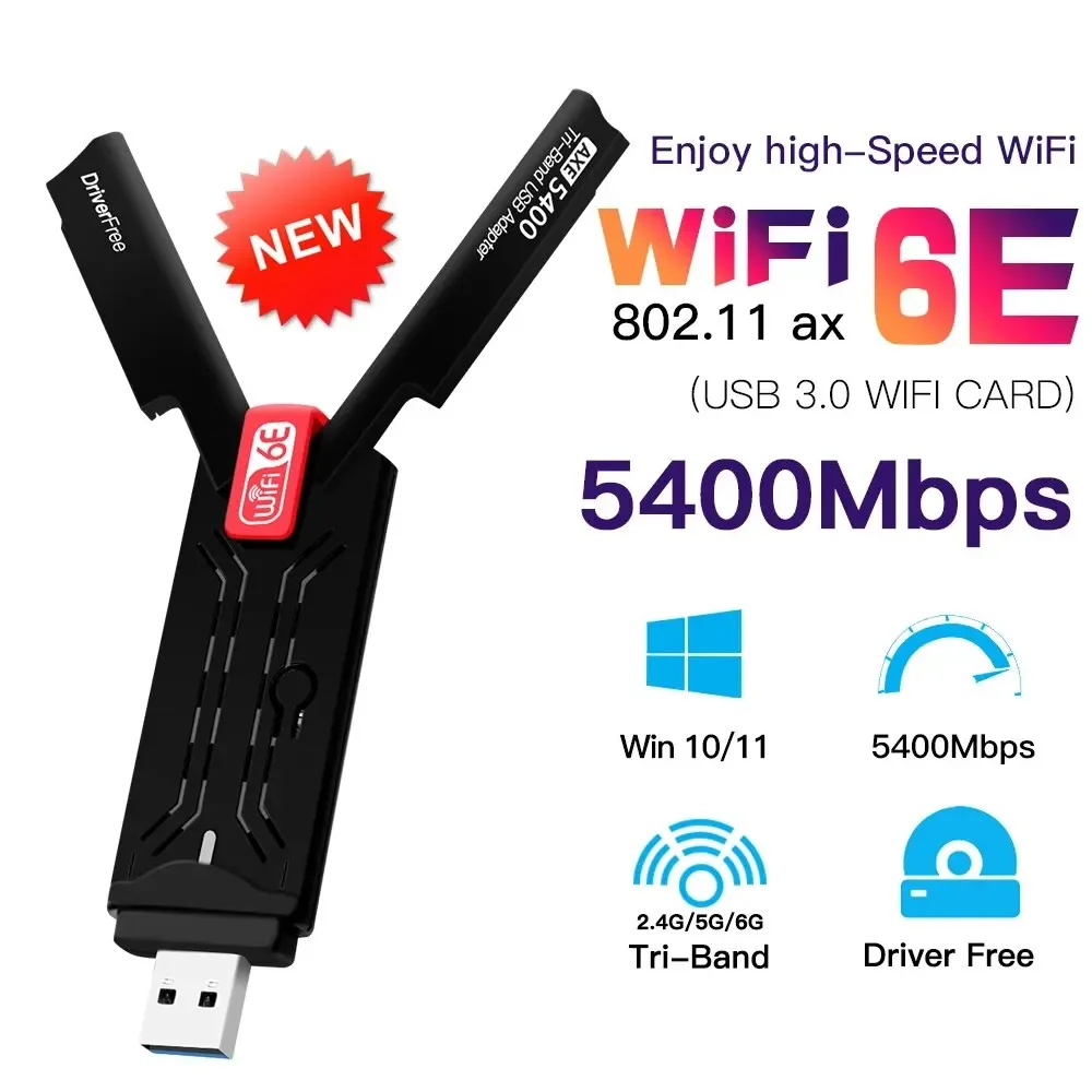 WiFi6E AX5400 USB3.0 адаптер трехдиапазонная беспроводная сетевая карта 802.11AX 6 ГГц антенна с высоким коэффициентом усиления для ноутбука Win 10/11 драйвер бесплатно