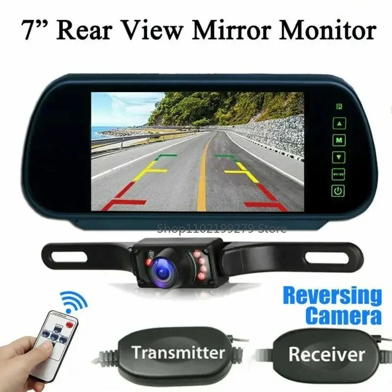 7 " Rear View Monitor Mirror Wireless Reverse Backup Camera Kit with Car Rear View Camera and Photoresistor for Car Truck Van