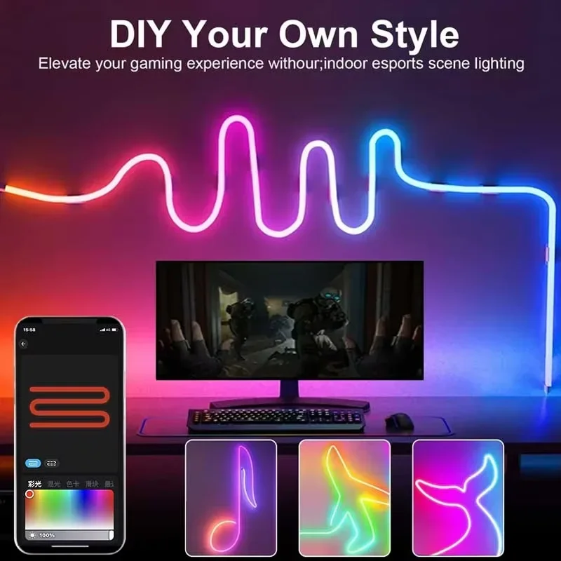 RGBIC Musical Neon LED Strip Lights with Remote, APP Control DIY Screen Pattern, USB 5V IP65 Waterproof for Xmas Halloween Party