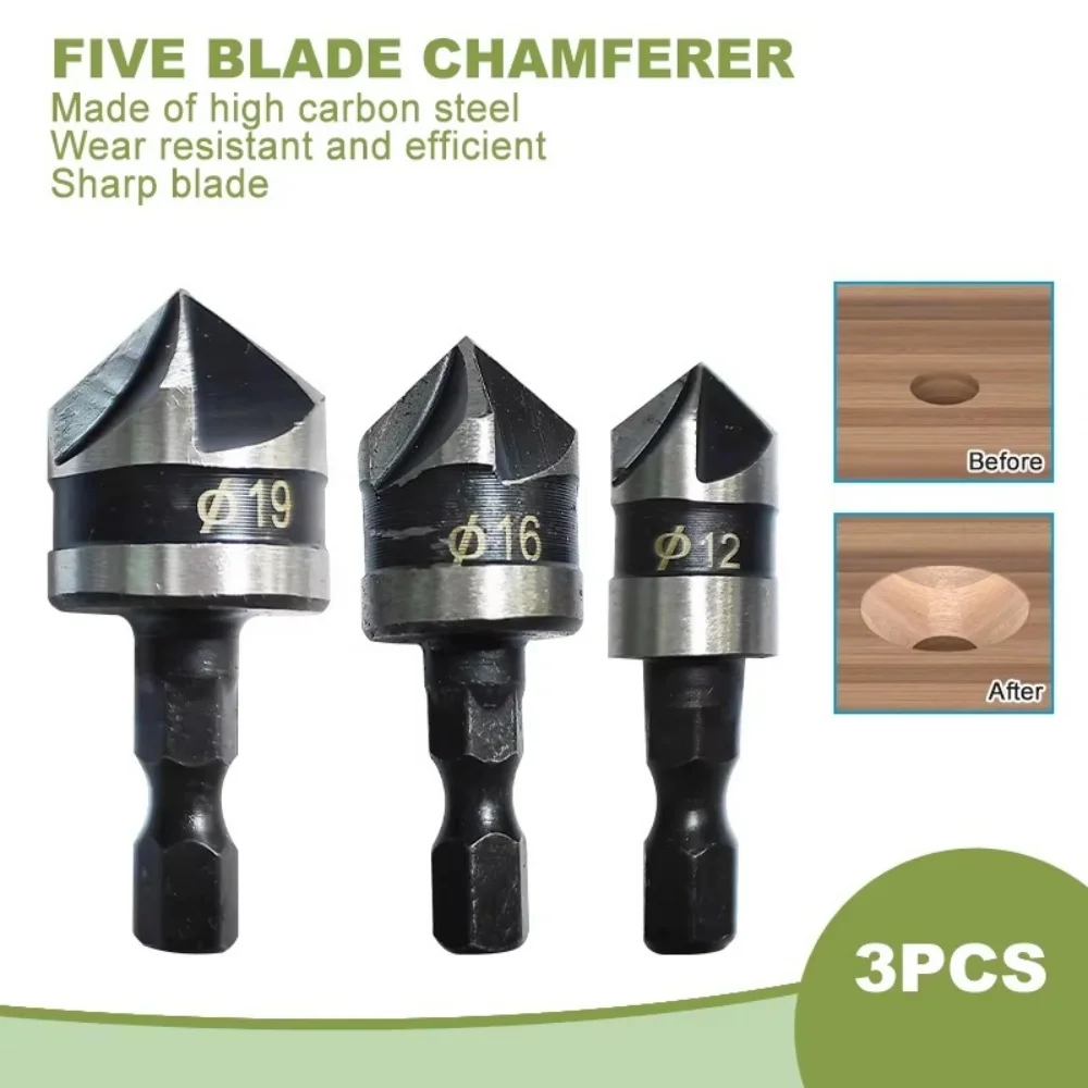 3 PCS Hexagonal Handle Five Blade Chamfering Tool 90 Degree Countersink Drill Bit WoodWorking Drill Professional Drill Bit Set
