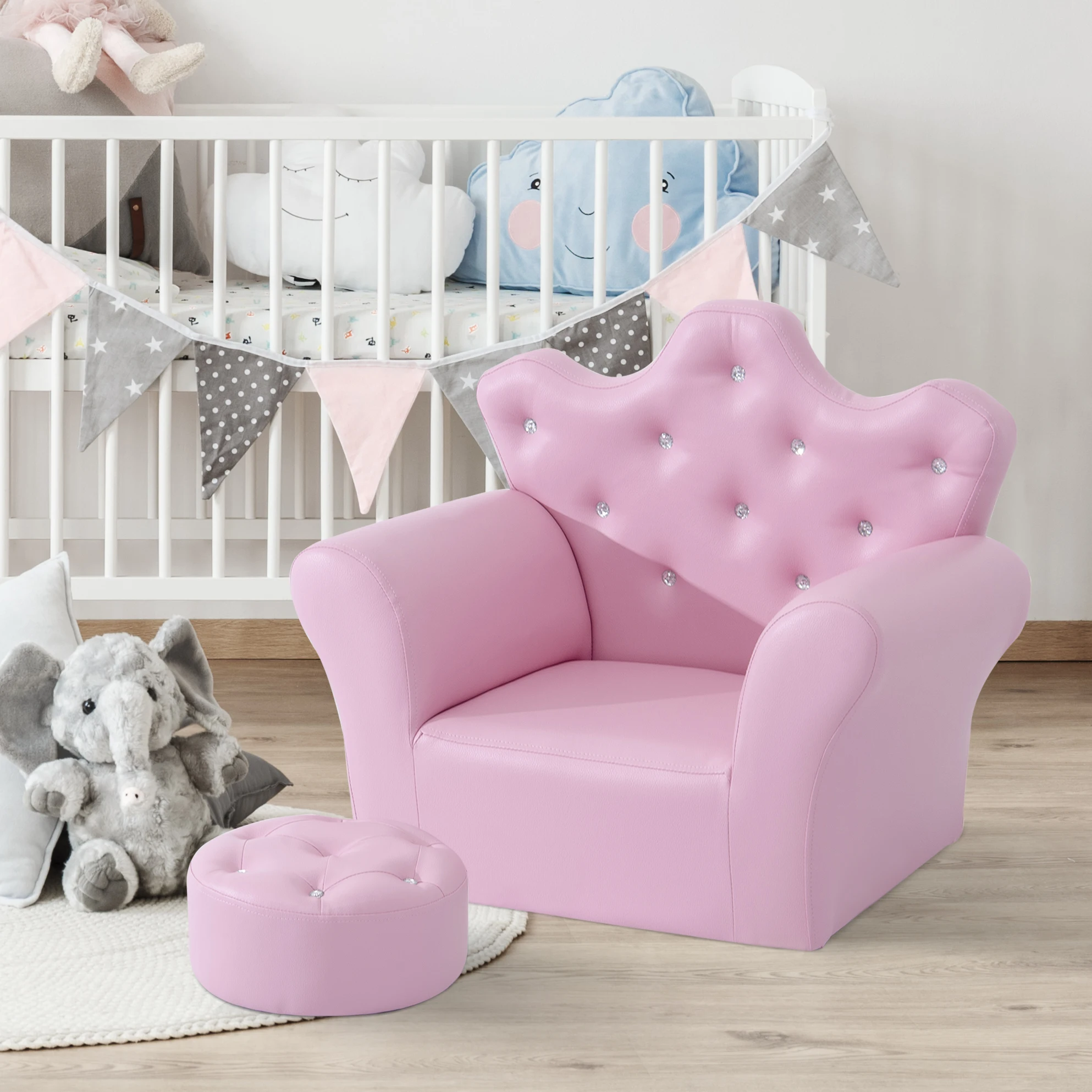 Kids Sofa Set with Footstool, Princess Sofa with Diamond Decoration, Pink