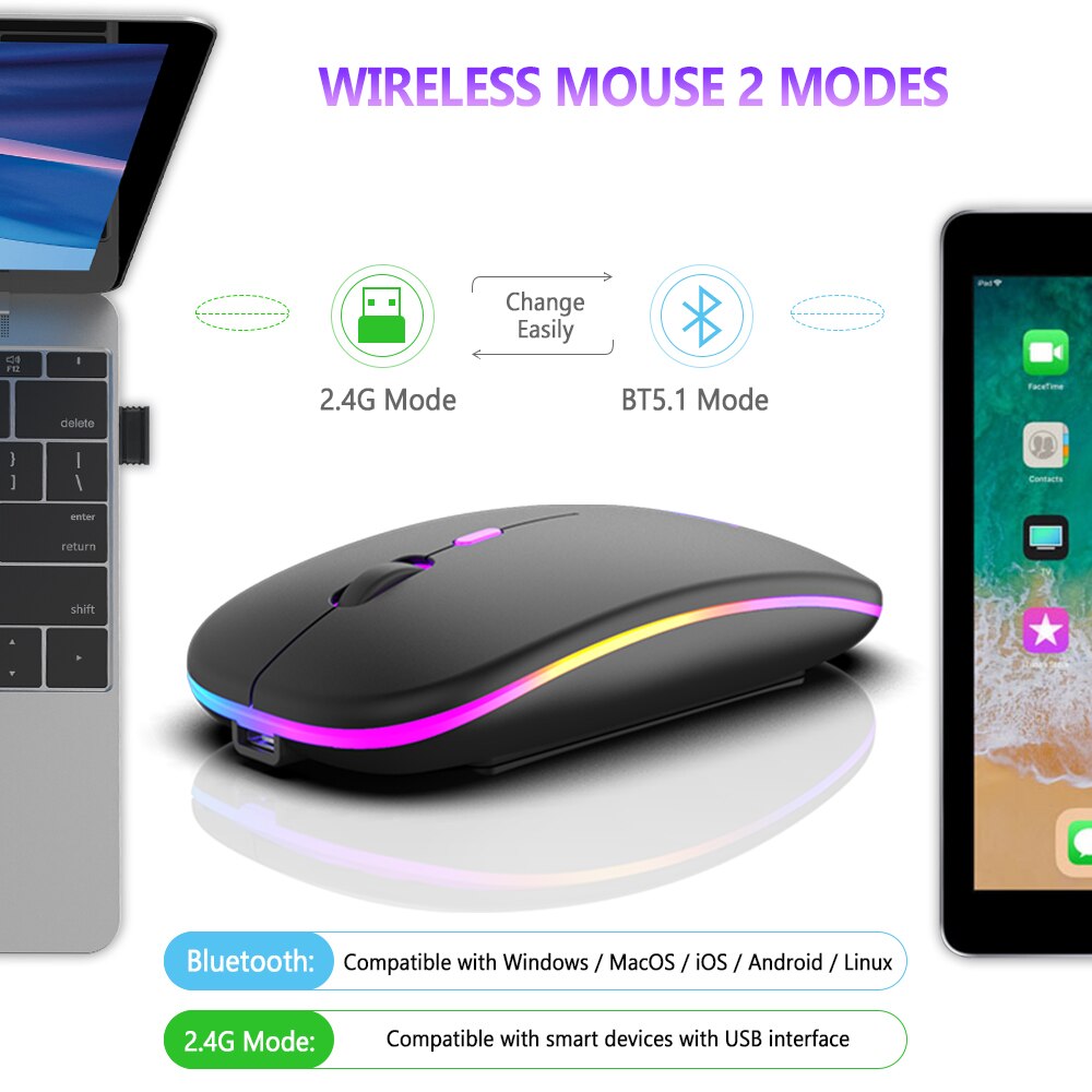 Souris sans fil Bluetooth aste RVB, clic silencieux ergonomique, modes touristes 2.4GHz, PC, iPad, ordinateur portable, téléphone portable, TV