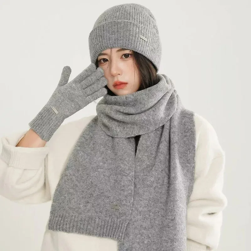 Gorro de punto, bufanda, guantes, conjunto de tres piezas, lana de color sólido, gorro cálido y versátil para otoño e invierno, bufanda informal a prueba de viento