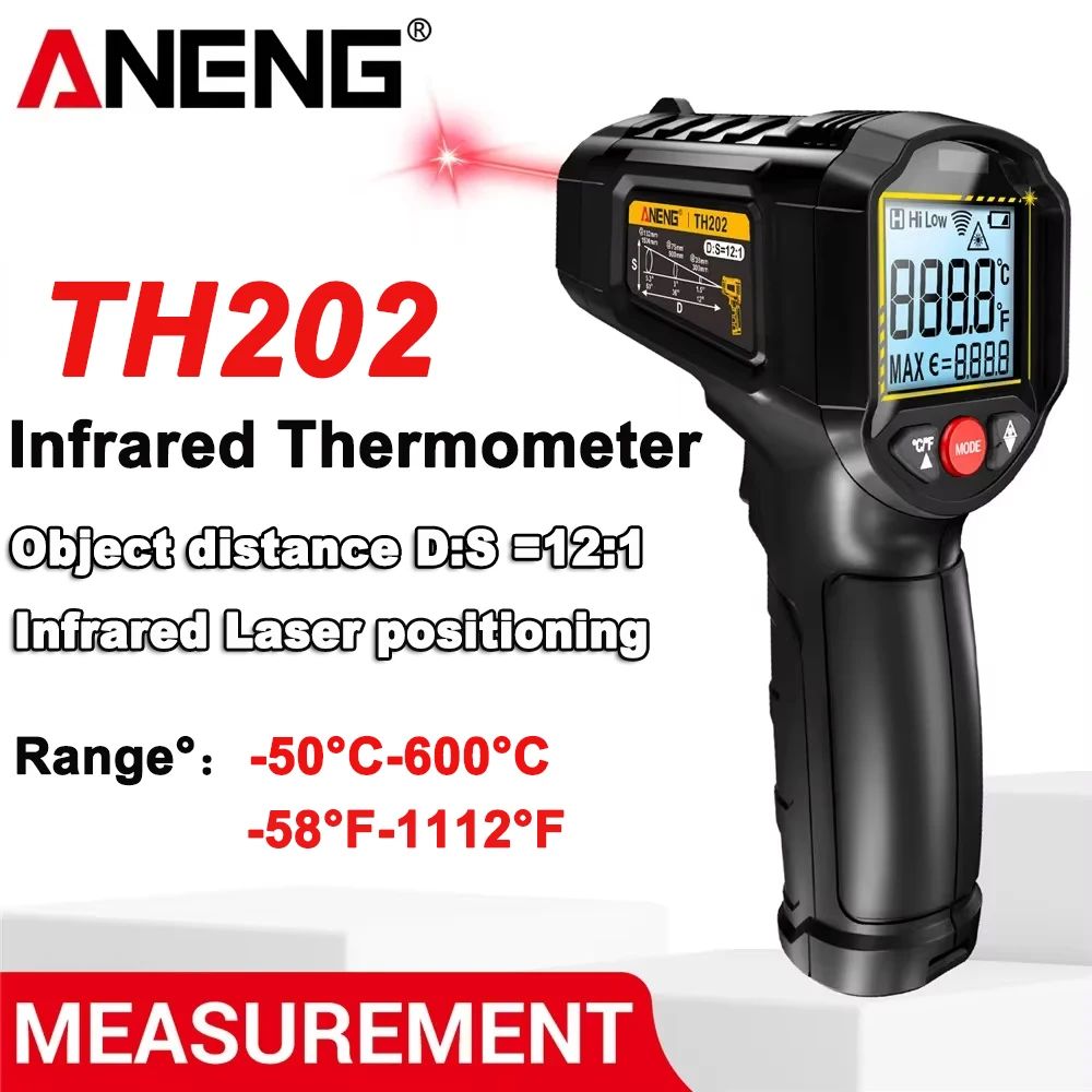 ANENG TH202 Termómetro infrarrojo sin contacto -50~600 ℃   Medidor de temperatura láser digital Pantalla LCD Probador de pistola de puntual de pirómetro