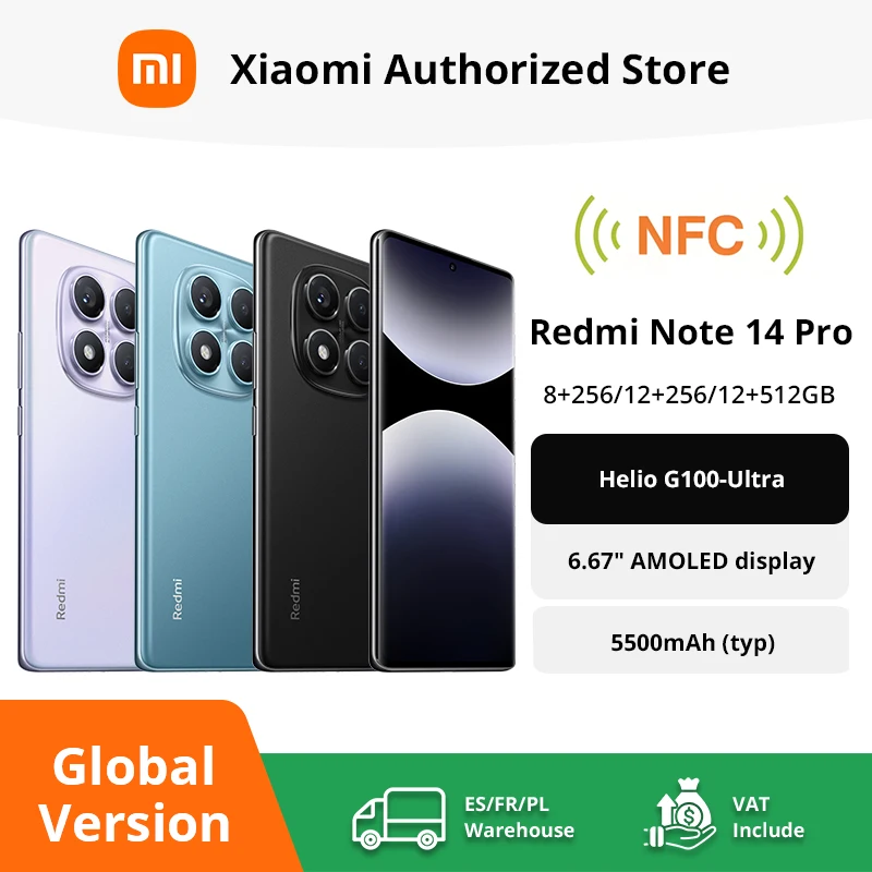 Versione globale Xiaomi Redmi Note 14 Pro 4G Smartphone MediaTek Helio G100-Ultra 6.67 ''Display 200MP Fotocamera 5500mAh Batteria