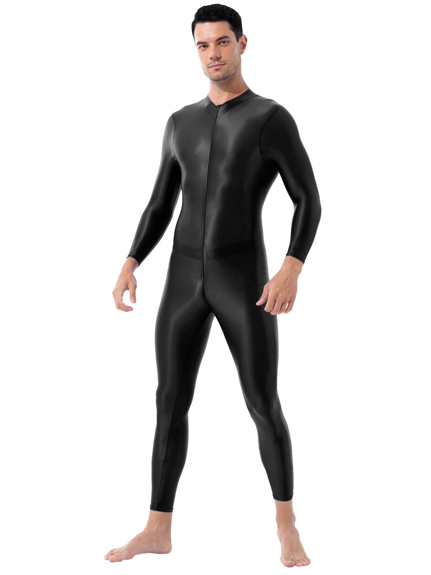 Yoga-Fitness-Overall für Herren, Glossyt, Bodybuilding-Übungskostüm, lange Ärmel, doppelseitiger Reißverschluss-Body für Fitnessstudio, Sport, Fitness