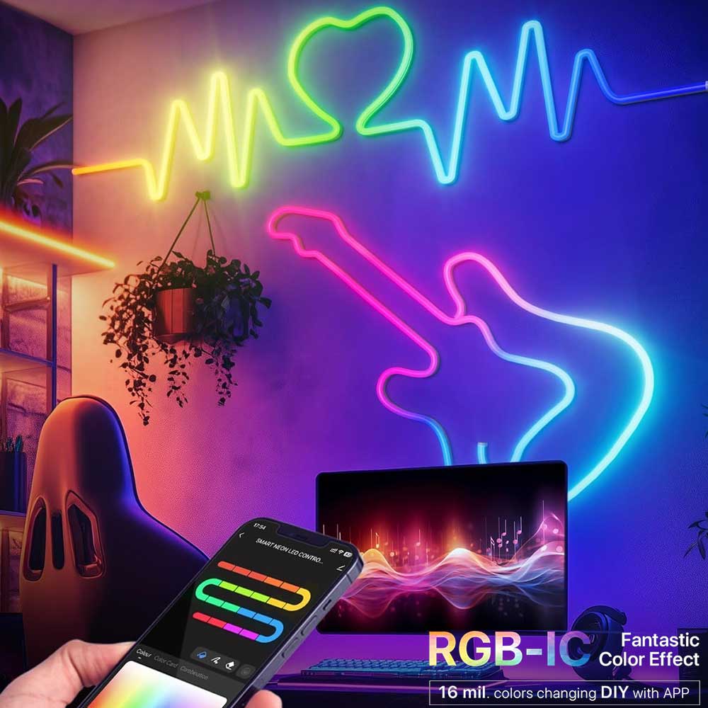 TUYA Neon LED Strip Lights 5V Neon Rope Light 72LEDs/M Silicone with Music Sync RGBIC Dreamcolor Chasing Strip Tape for Room