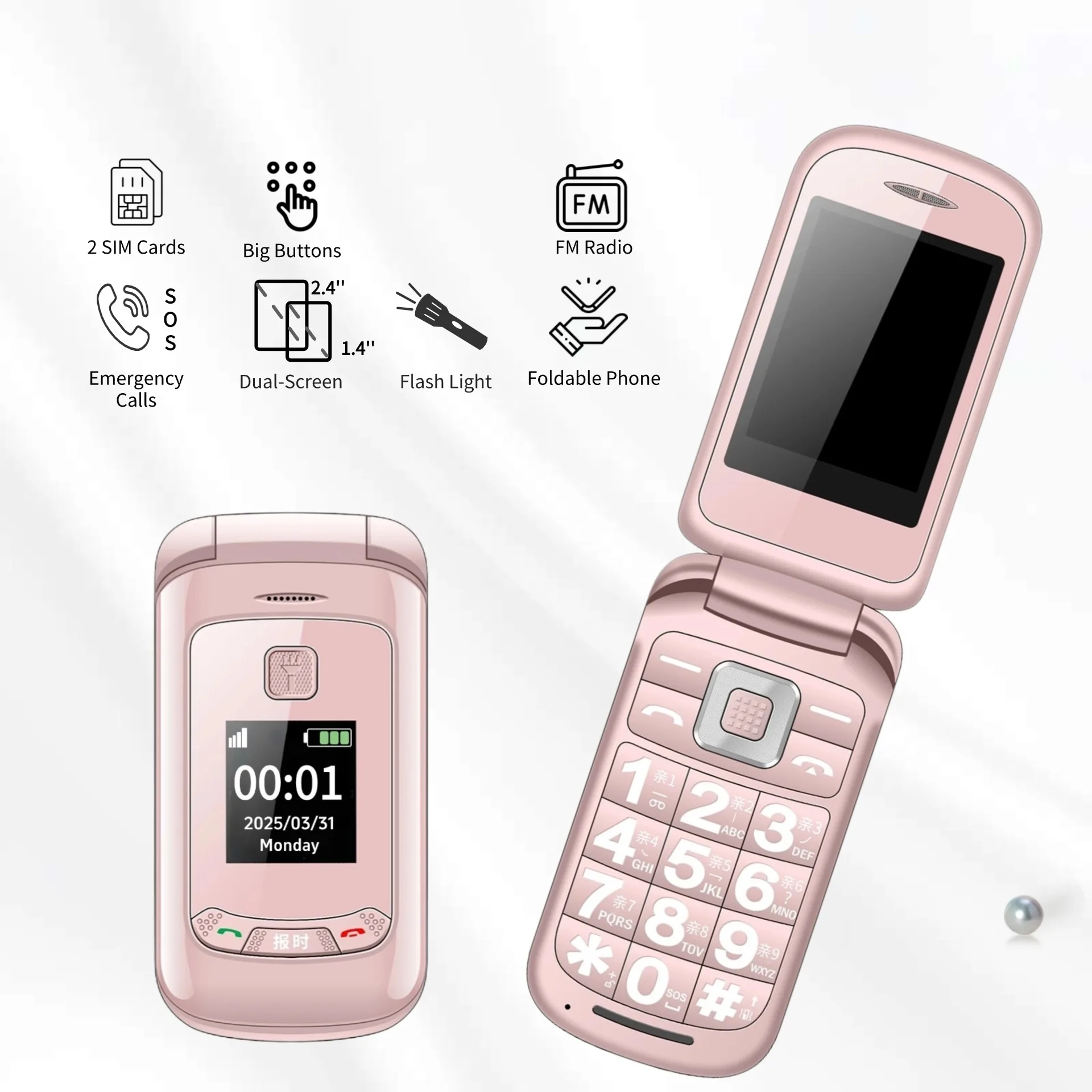 Pink Mini Flip Phone for Women Dual Screen Big Button SOS Dial Torch Light Budget Clamshell Mobile Retro Style Long Standby