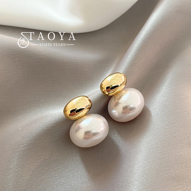 2025 nuevos pendientes de perlas planas empalmadas de frijol de Color dorado elegante francés para joyería de moda coreana accesorios dulces de fiesta para mujer