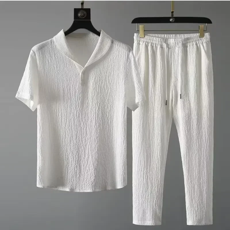 Sommer Ultra-dünne Fünf-stück Eis Seide Leinen Anzug männer Baumwolle Leinen 2-teiliges Set Lose-fit Mid-hülse T-shirt Sport Tragen