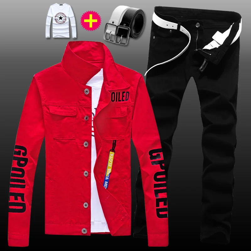 Conjunto de chaqueta vaquera para hombre, pantalones vaqueros ajustados, abrigo informal con letras impresas, con colgante, Color caramelo, 2 uds., novedad