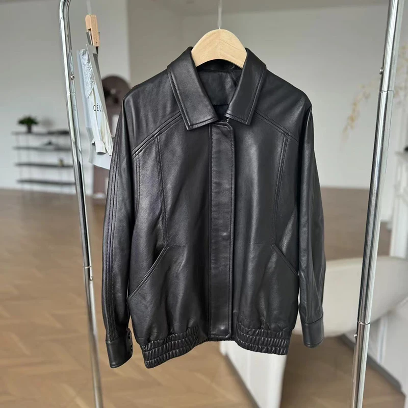 2025 automne paresseux rétro moto Style veste en peau de mouton mode lâche femmes décontracté noir/café en cuir véritable surdimensionné veste manteau
