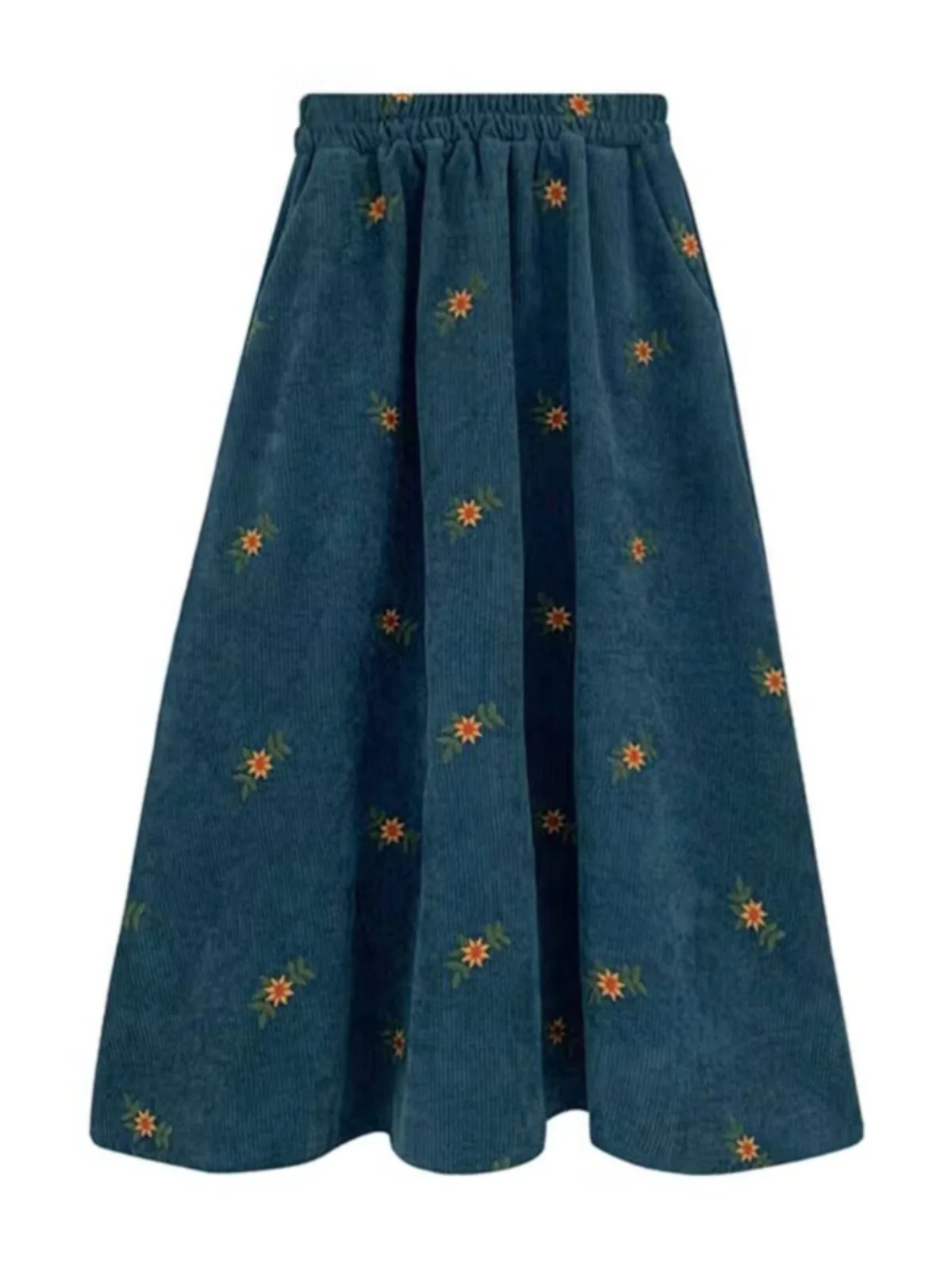 Plus Size Retro Embroidered Corduroy A-Line Midi Skirt plus Size High Waist Long Slimming Base Layer Women's Fashion Commute Sle