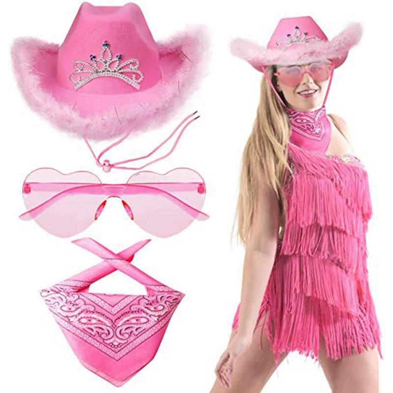 Cowboy hüte für Frauen helle Farben Filz Cowgirl Hut für Frauen attraktive Party liefert Polyester quadratischen Schal Herz Brille