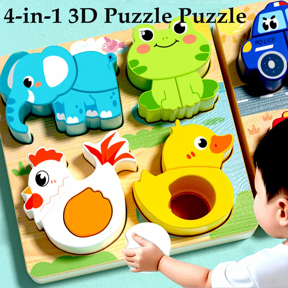 4-em-1 brinquedos de madeira 3d quebra-cabeça de madeira dos desenhos animados animais cognitivo quebra-cabeça aprendizagem precoce brinquedos educativos para crianças presente