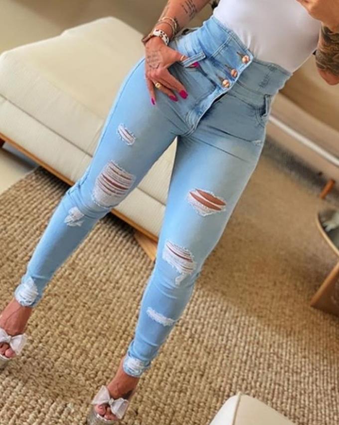 ผู้หญิงแฟชั่นยืด Ripped Distressed Skinny High เอวกางเกงยีนส์กางเกง Slim Jeggings สุภาพสตรีฤดูใบไม้ผลิฤดูใบไม้ร่วง