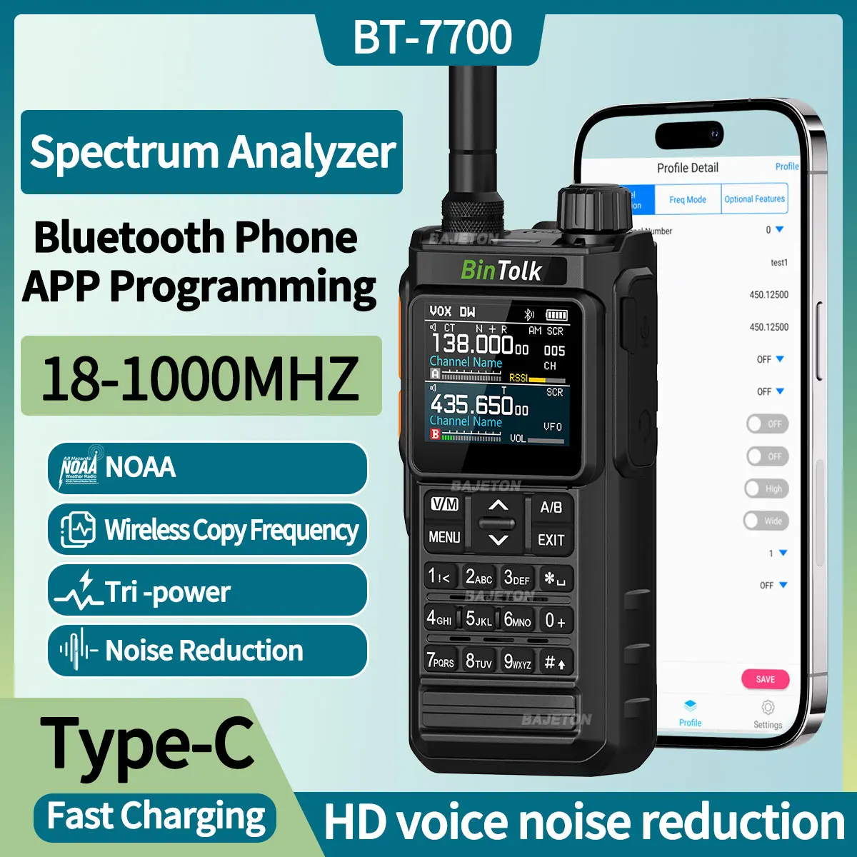 BinTolk BT7700 Walkie Talkie portátil de banda completa programador Bluetooth reducción de ruido analizador de espectro AM FM NOAA Radioaficionado