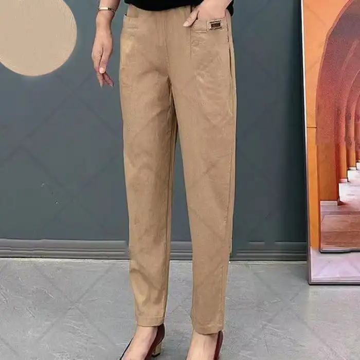Damen-Baumwollhose mit elastischem Bund, knitterfrei, entspannte Passform, gerade Beinhose, lässige, locker sitzende Hose