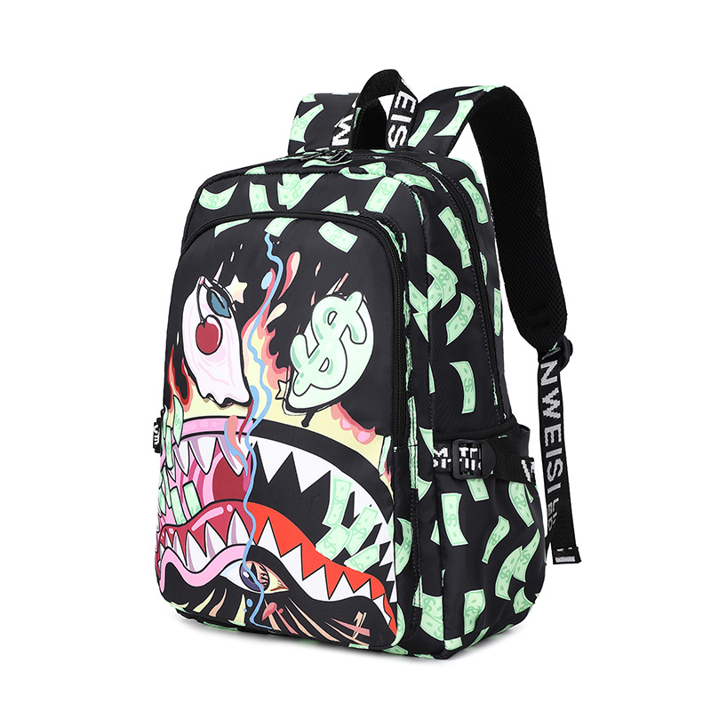 Mochila Mochila de viaje con estampado de tiburones de dibujos animados, Mochila para estudiantes de escuela primaria
