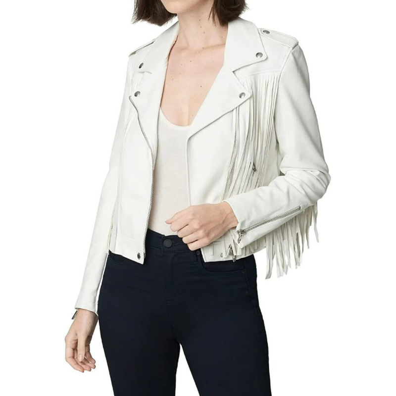 Casaco feminino com franja de cordeiro branco, jaqueta de couro genuíno, estilo ocidental