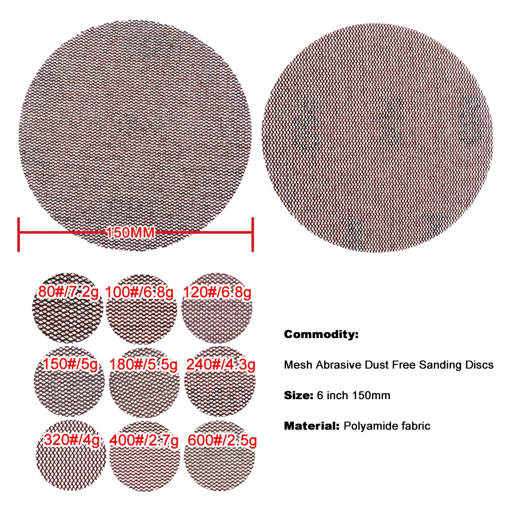 10Pcs 6inch 150mm Mesh Sanding Discs Hook&Loop Abrasive Dust Free Disc Anti-Blocking Sharp Grinding Sandpaper for Wood Furniture