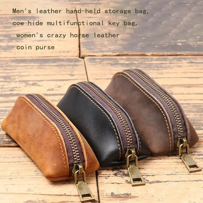 Genuine Leather Coin Purse Vintage Zipper Clutch Wallet Retro Credit Card Holder Card Case Women's Key Holder Organizer Pouch