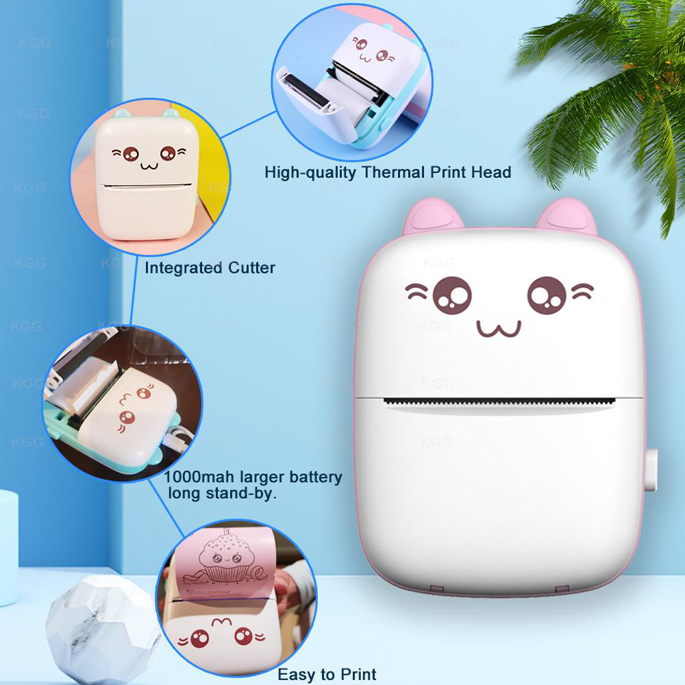 Przenośna drukarka termiczna MINI CAT Print Photo kieszonkowa termiczna drukarka etykiet 58mm drukowanie bezprzewodowe drukarki Bluetooth Android IOS