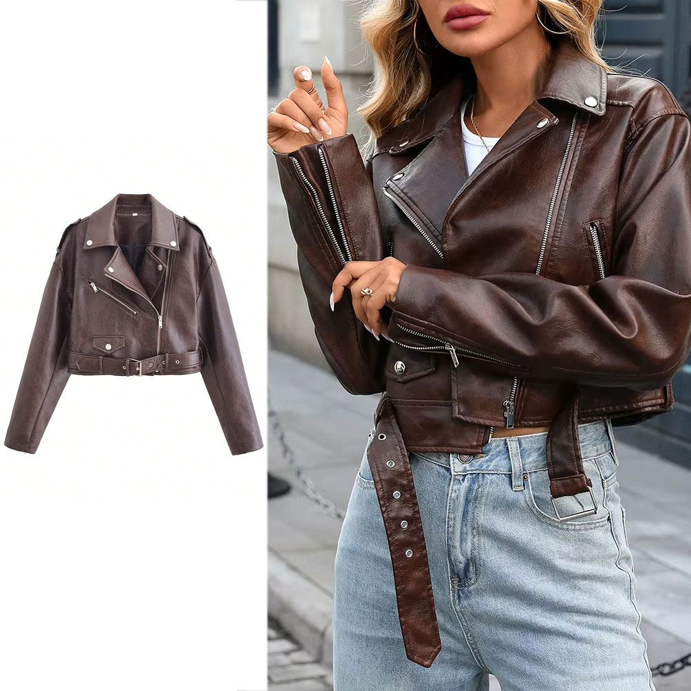 HH Frauen Vintage Motorrad Faux Leder Jacke Drehen-unten Kragen Langarm Zipper Herbst Mode Dame High Street Outwear