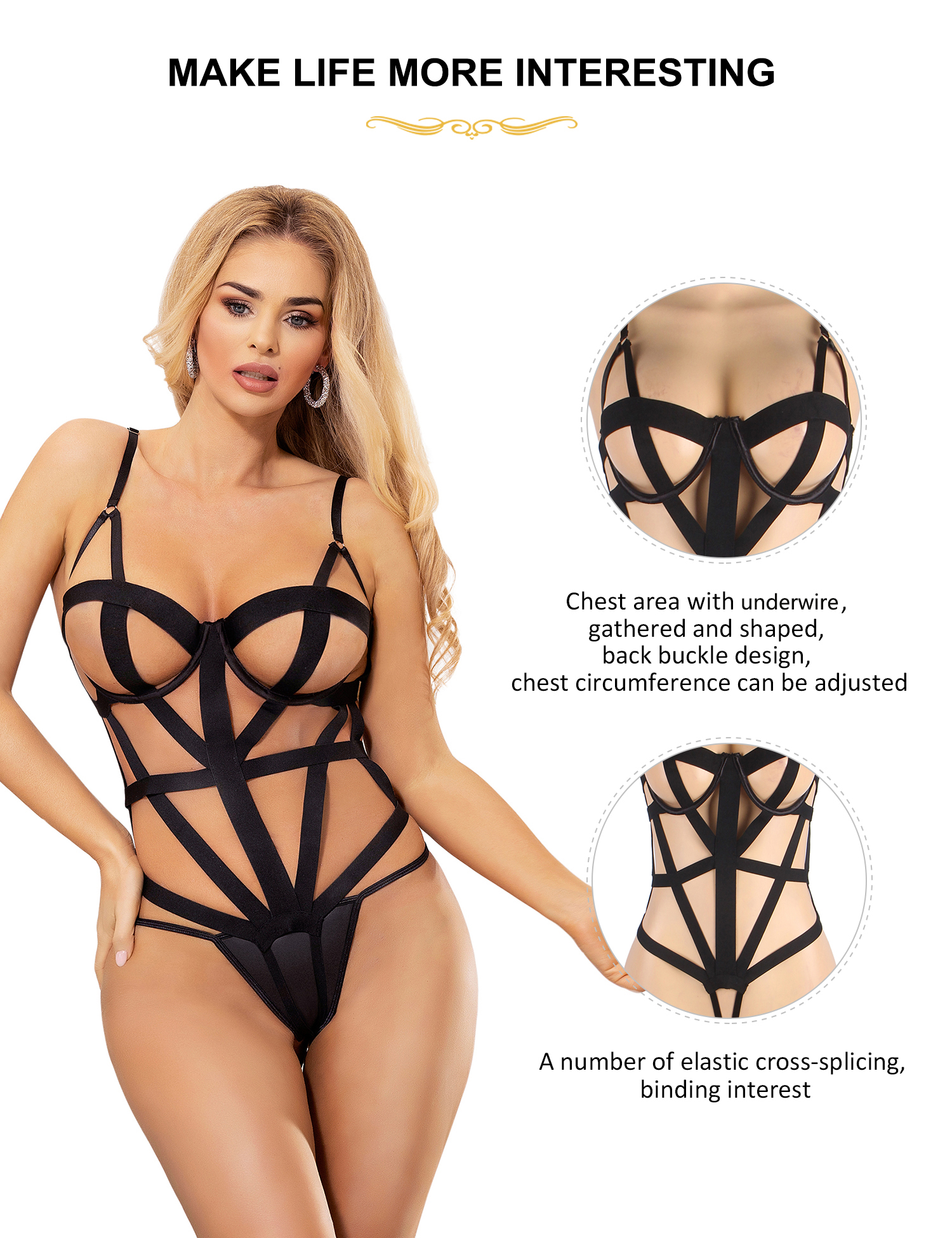 Comeondear Bodysuit für Damen, sexy Dessous, durchsichtig, elastisch, Bondage, Teddy, schwarz, übergroße Trikot-Träger, heißer Body in Übergröße