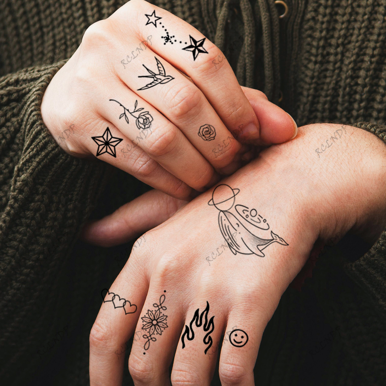 15 Uds tatuaje temporal a prueba de agua pegatina estrellada Luna flor corazón pájaro volador tatuaje falso Flash tatuaje de dedo para mujeres y hombres