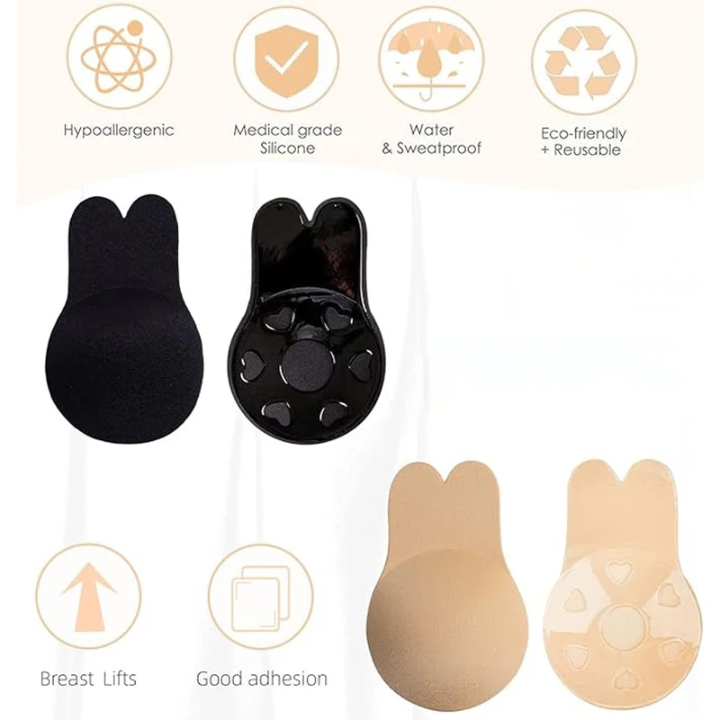 FallSweet 1 Paar unsichtbare selbstklebende BHs für Damen, Hasen-Nippelabdeckungen, wiederverwendbarer, klebriger BH, selbstklebendes Push-Up-Bralette aus Silikon