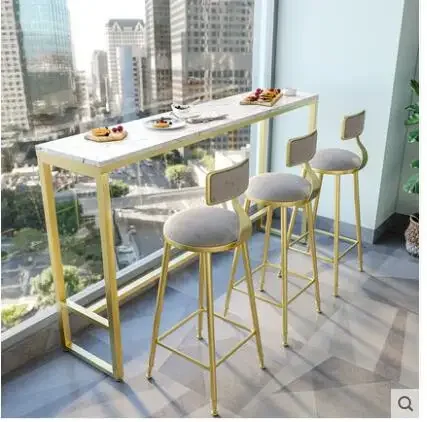 Mesa de bar em mármore nórdico, arte de ferro contratada contra a parede, mesa alta doméstica, leite, chá, café, bar, mesa longa e cadeira