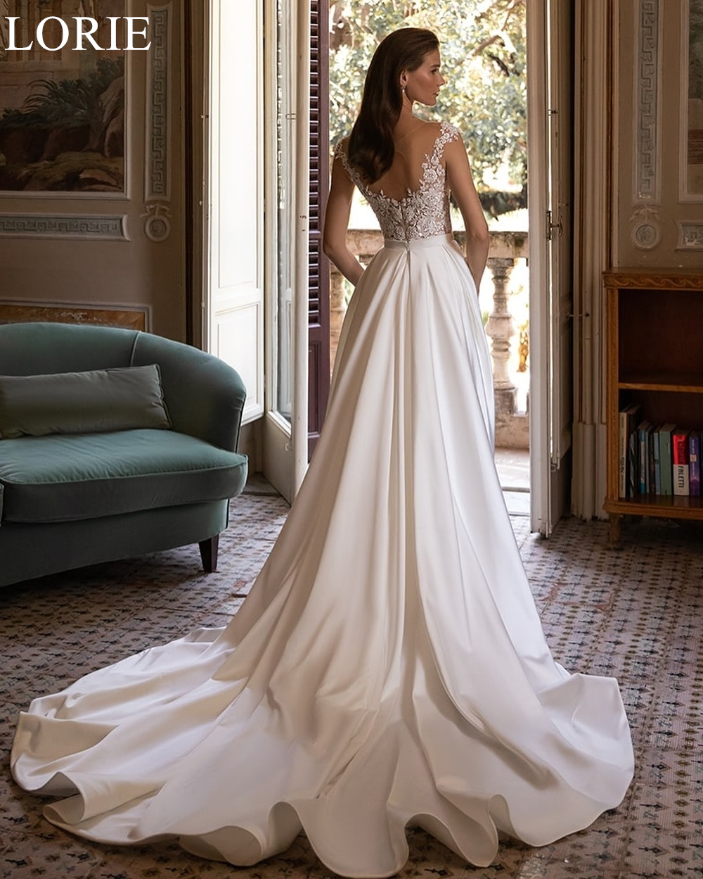 LORIE Elegante Satin Brautkleider Meerjungfrau Scoop Drapierte Abnehmbare Schleppe Braut Abendkleid Spitze Applikationen Brautkleider Angepasst
