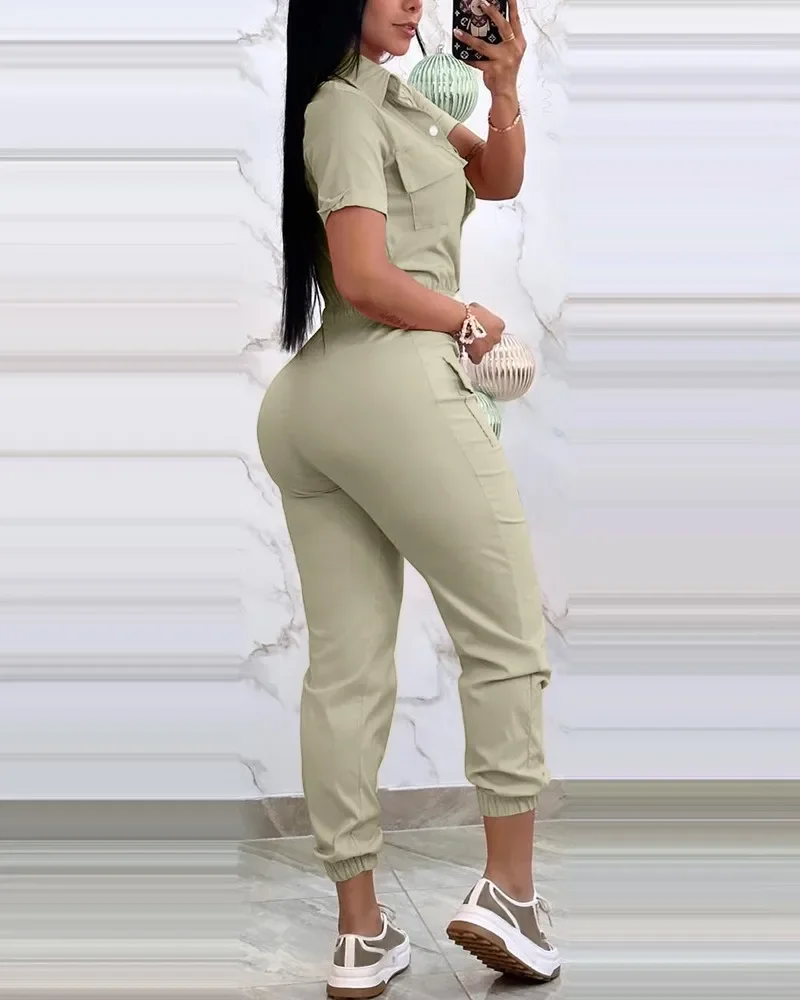 ใหม่แฟชั่นผู้หญิงทํางาน Jumpsuit แขนสั้นออกแบบเปิดลงปกเอวยางยืด Drawstring Cuffed Cargo Jumpsuit