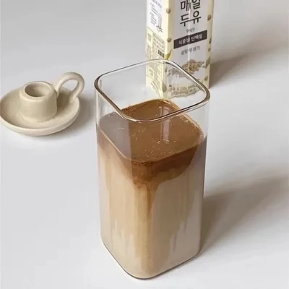 1 pçs quadrado resistente ao calor xícara de vidro café com tampa e palha transparente leite chá suco copos caneca café para casa barra drinkware