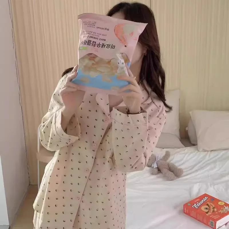 Pijamas de Manga Longa em Aodão Puro com Estampa de Morango, Estilo Doce para Mulheres, Conjunto de Roupas para Casa que Po...