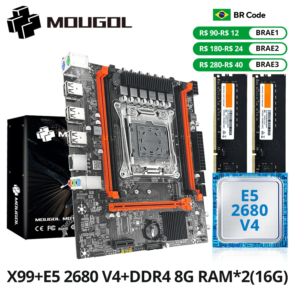 MOUGOL Novo conjunto de placa-mãe X99 com Intel Xeon E5 2680 V4 e DDR4 16G (8G * 2) 2133MHz Dual Channel RAM M.2 NVME para host de desktop