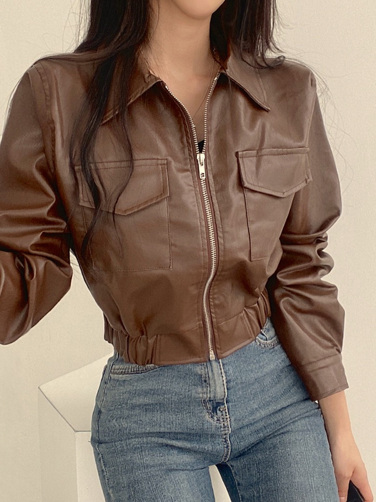 女性のプレミアムショート PU レザージャケットルーズフィットポロカラーアウター韓国スタイル秋冬痩身バイカーコート