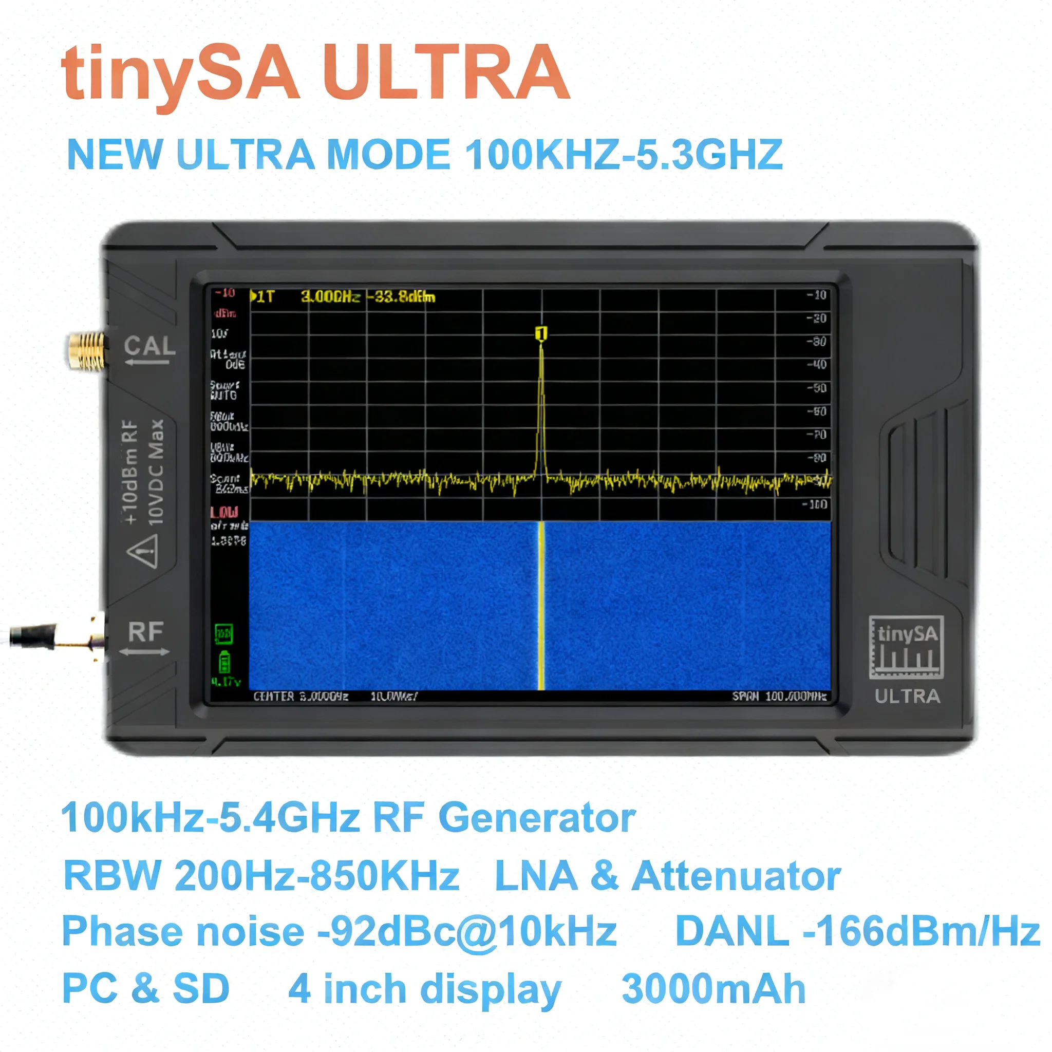 TinySA ULTRA 100 KHZ-5,3 GHz 4 inch display Handheld Tiny Spectrum Analyzer RF-generator met batterij
