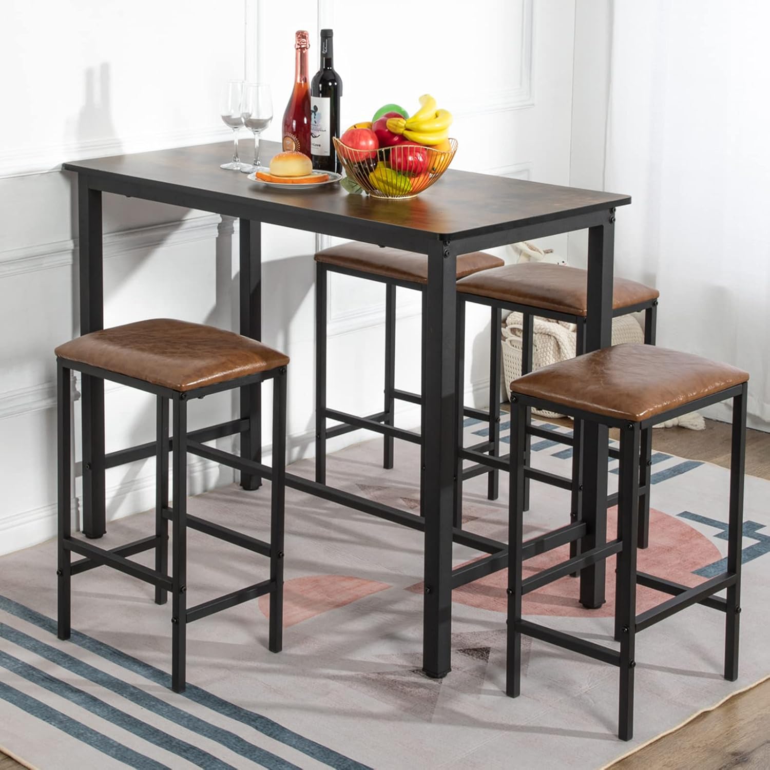Juego de mesa alta con 4 taburetes de bar, mesa de comedor con 4 sillas tapizadas, mesa de cocina de diseño industrial, para cocina, comedor R