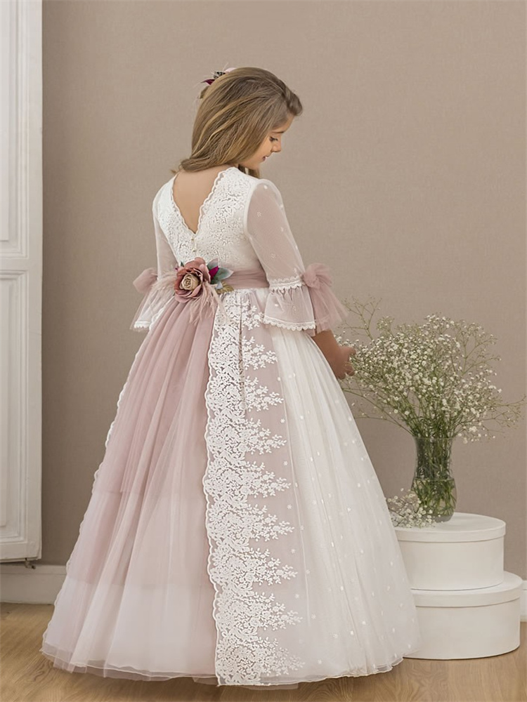 Elegante abito da ragazza di fiori per matrimonio mezze maniche in pizzo tulle gonfio principessa festa di compleanno per bambini abito da ballo per prima comunione