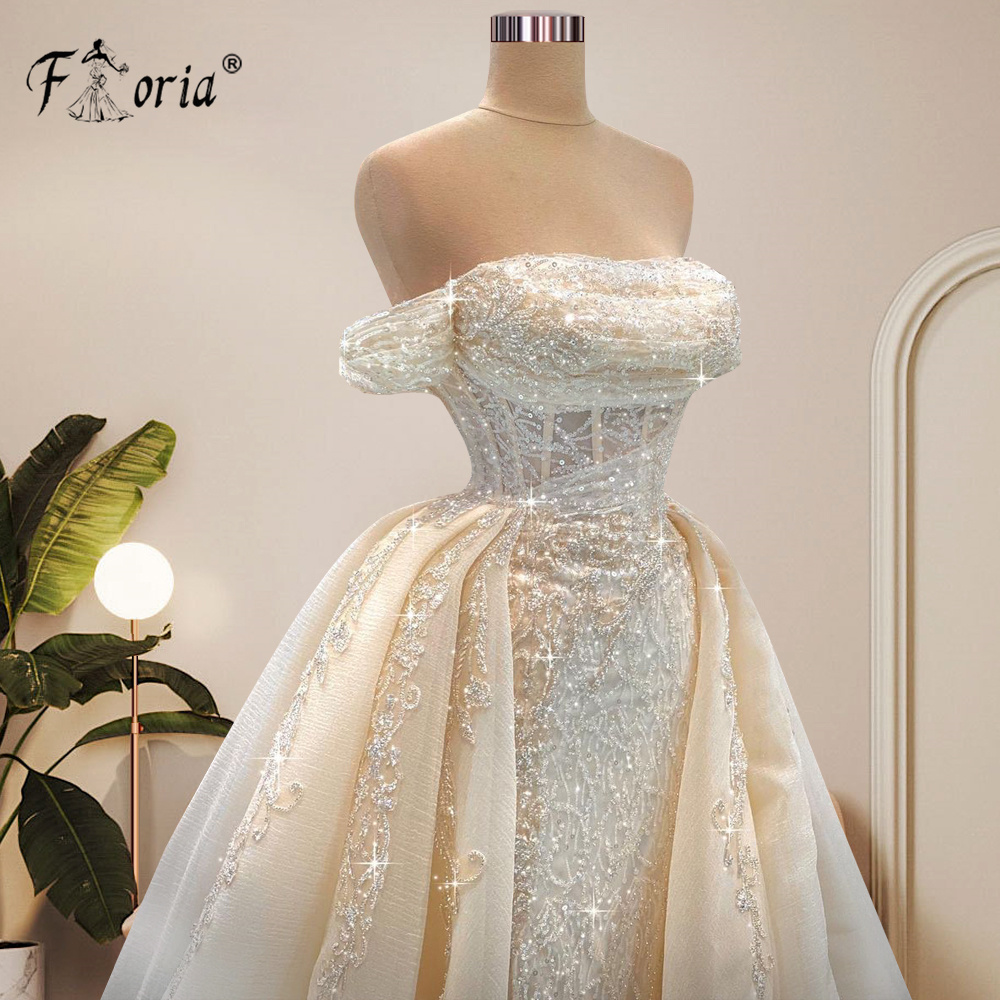 Trägerloses Champagner-Meerjungfrau-formales Abendkleid mit Überrock, Pailletten-Korsett, Spitze, glitzerndes Hochzeitskleid, Robe De Soiree