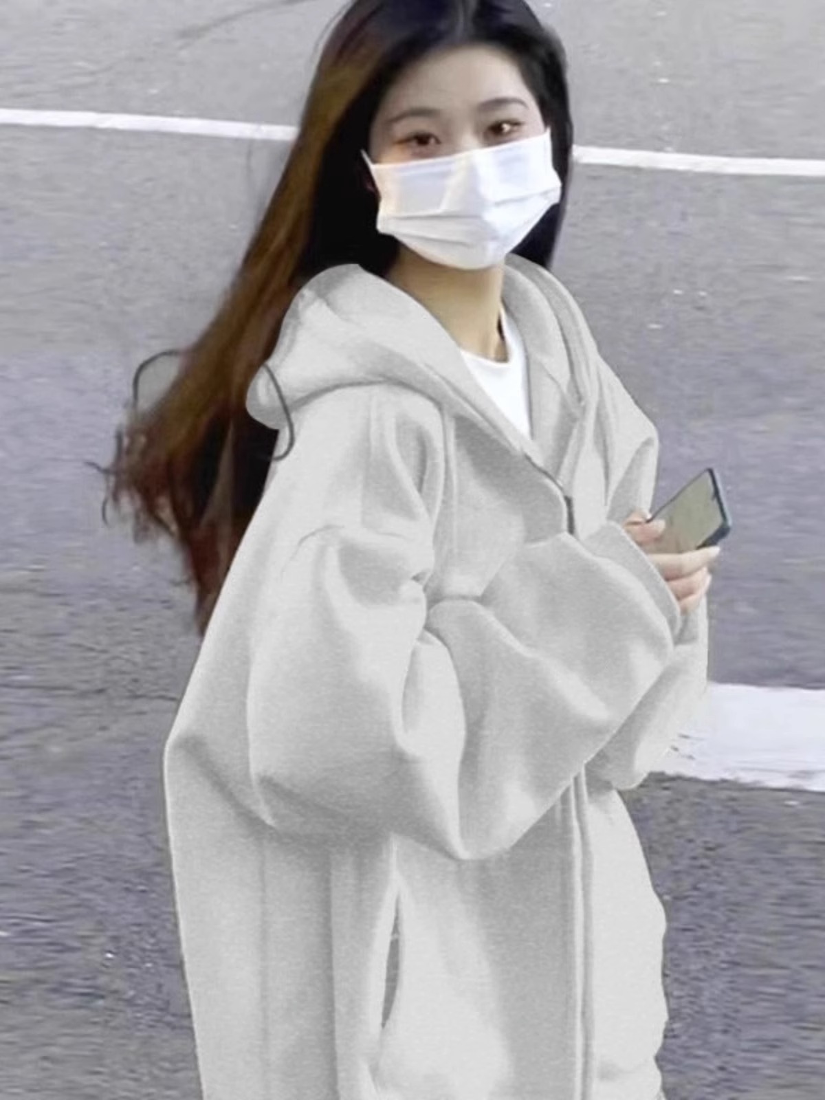 Oversize Hoodie Women's Fleece Lined Korean Sle Simple Color Solid Pure Color Open Cardigan Jacket Long Sleeve Zipper